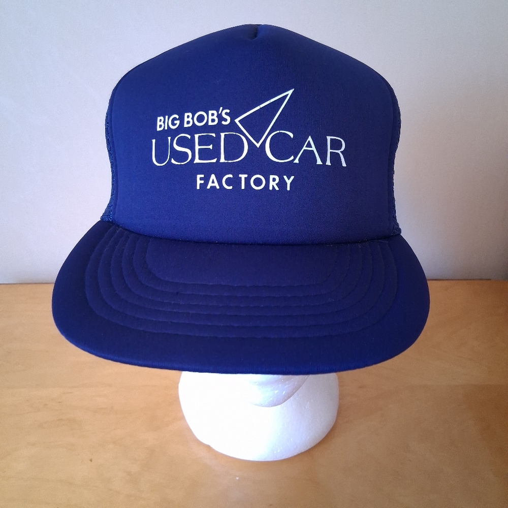 Vintage 1980s AJM Big Bob's Used Car Factory Blue Trucker Hat Snapback Cap